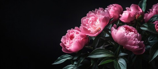 Poster - Closeup of pink peonies isolated against a black background A stunning bouquet of spring peony flowers accompanied by green leaves Floral love Macro shot Card text copyspace