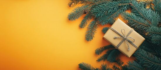 Poster - Fir tree branches and a gift box against a yellow and orange background Top view flat lay. with copy space image. Place for adding text or design
