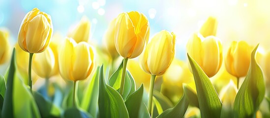 Fototapete - Panorama frame Close up of tulips featuring vibrant yellow petals and green leaves in spring. with copy space image. Place for adding text or design