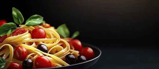 Fototapete - Classic Italian pasta with tomatoes and olives. with copy space image. Place for adding text or design