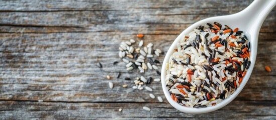Poster - A blend of white brown wild and black rice in a white ceramic spoon set against a weathered wood background. with copy space image. Place for adding text or design