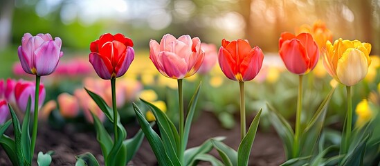 Fototapete - Lovely tulips in a Dutch landscape captured from various angles. with copy space image. Place for adding text or design