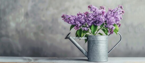 Fototapete - Bunch of purple lilacs with a metal watering can. with copy space image. Place for adding text or design