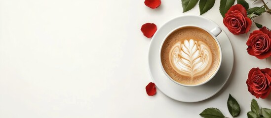 Aufkleber - A cup of coffee featuring latte art and roses Top view or flatlay. with copy space image. Place for adding text or design