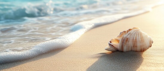Aufkleber - Seashell on the sandy beach Summer vacation. with copy space image. Place for adding text or design