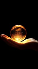 Crystal ball in human hand on dark background