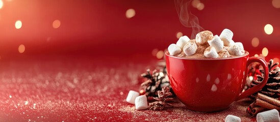 Fototapete - Winter hot beverage cacao with marshmallows and cinnamon or spicy hot chocolate in a red cup Merry Christmas Festive vintage backdrop Happy holidays message. with copy space image