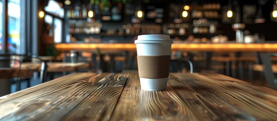 Wall Mural - Close up of a coffee cup on a wooden table at a restaurant or cafe with copyspace Fresh drink