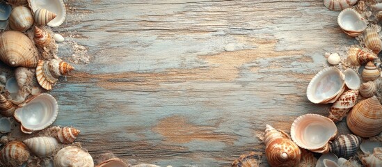 Aufkleber - Seashells surround wood Oceanic backdrop. with copy space image. Place for adding text or design