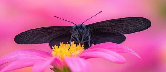 Poster - Black Moth Odezia atrata resting on a pink flower. with copy space image. Place for adding text or design