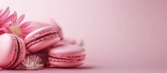 Leinwandbilder - Pastel colored macaroons with flowers on a light pink backdrop Holiday background Copyspace