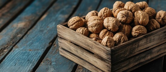 Aufkleber - food background fresh walnuts in a wooden container. with copy space image. Place for adding text or design