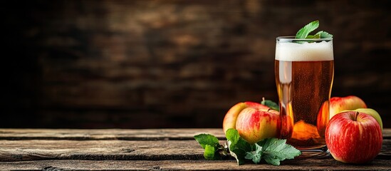 Fototapete - Tasty cider and apples with green leaves on a wooden table room for text. with copy space image. Place for adding text or design