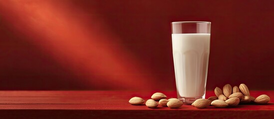 Fototapete - Freshly squeezed diet beverage Almond milk and nuts on a red wooden surface copyspace Organic plant based milk