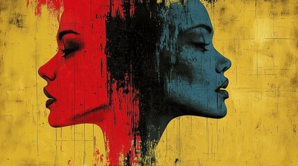 Abstract painting of two female profiles, red and blue, on a textured yellow background.