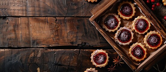 Aufkleber - Homemade classic Christmas linzer cookies in a box on a rustic wooden board with copyspace