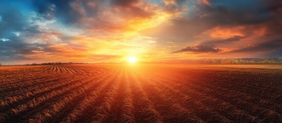 Poster - Natural sunrise over a field or meadow Vivid dramatic sky with dark earth below Countryside landscape featuring a beautiful colorful sky at sunset and dawn Sun above the skyline on the horizon Warm