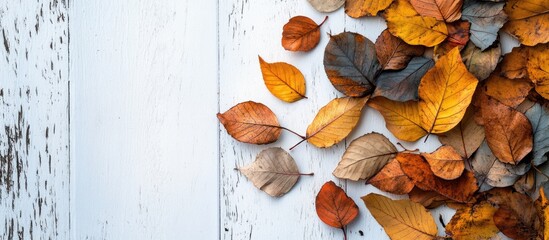 Wall Mural - Colorful dried leaves on a white wooden surface Autumn backdrop Top view Close up Suitable for use as a Thanksgiving card or banner. with copy space image. Place for adding text or design