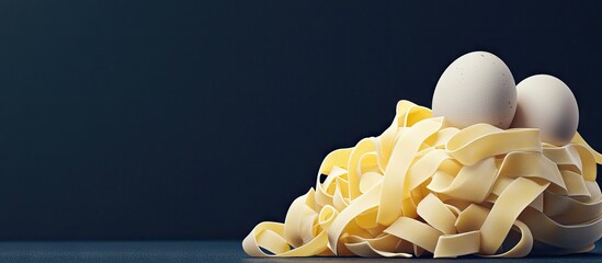 Poster - Dry pasta with eggs against a dark background. with copy space image. Place for adding text or design