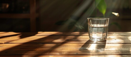 Aufkleber - A wooden table with sunlight and a glass of water. with copy space image. Place for adding text or design