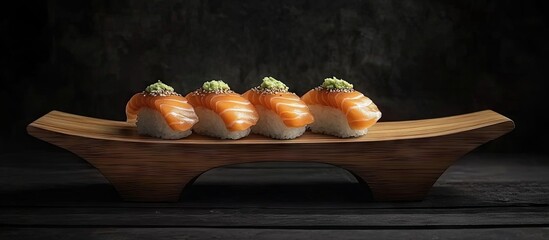 Leinwandbilder - Sushi featuring salmon cream cheese omelet eel sesame seeds avocado nori Teriyaki sauce and rice presented on a wooden plate against a dark backdrop. with copy space image