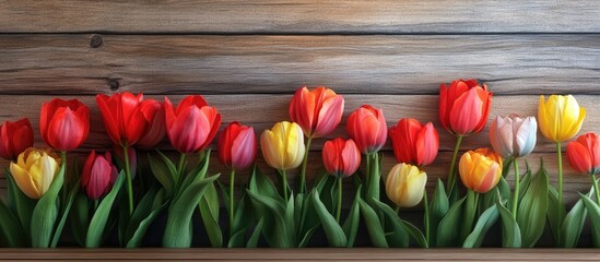 Poster - Spring backdrop featuring vibrant blooming tulips on a wooden surface Copy space