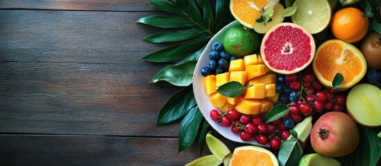 Aufkleber - Tropical raw fruits on a dark wooden table near a white plate Copyspace Healthy vegan diet idea Summer vibes