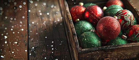 Aufkleber - Red and green sparkling Christmas ornaments in a wooden box. with copy space image. Place for adding text or design