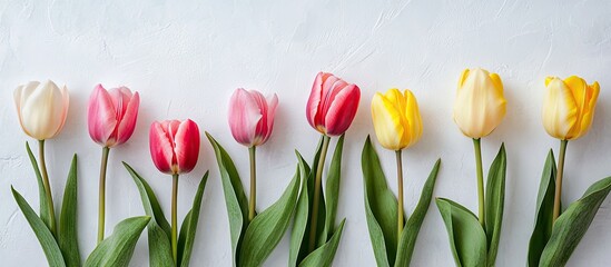Leinwandbilder - Pink and yellow tulips against a light background. with copy space image. Place for adding text or design
