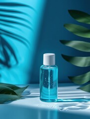 Aufkleber - Droplets of sanitizer eliminating bacteria on surfaces in a bright setting with green foliage and blue background. Generative AI