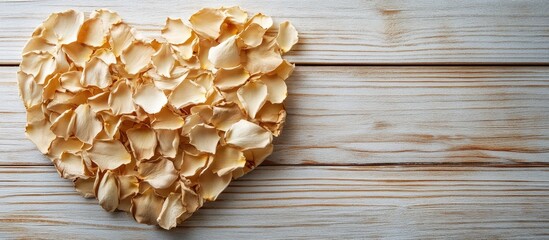 Wall Mural - Frame of dried cream rose petals arranged in a heart shape on a light wooden surface Concept of love romance or Valentine s Day mockup Flat lay copyspace top view