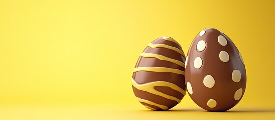 Poster - Painted and chocolate Easter eggs packaging on a yellow background. with copy space image. Place for adding text or design