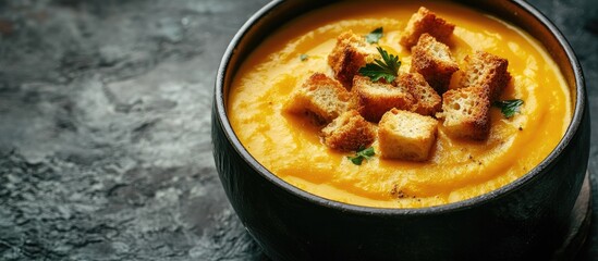 Leinwandbilder - Close up of pumpkin soup with croutons in iron pots adorned with croutons on a dark background featuring copy space