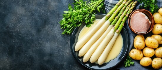 Fototapete - White asparagus served with Hollandaise sauce boiled potatoes and ham Prepared in a traditional manner Copy space for text