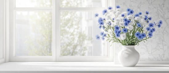 Poster - Fresh beautiful wildflowers specifically cornflowers are arranged in a vase on a white window sill with a white table and white wallpaper in the background The room features white decor and provide