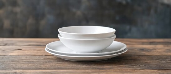 Poster - Empty tableware a white plate a bowl and a cup on a wooden table serving as a background for food photography in a vertical format. with copy space image. Place for adding text or design