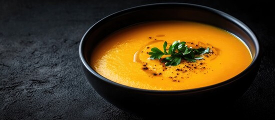 Leinwandbilder - Bowl of delicious pumpkin cream soup on a black background. with copy space image. Place for adding text or design