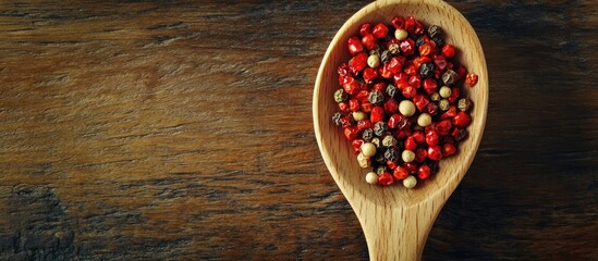 Leinwandbilder - A wooden spoon containing a blend of peppers rests on a wooden table. with copy space image. Place for adding text or design