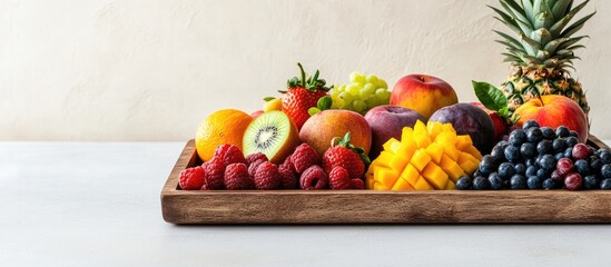 Poster - A wooden tray holds an assortment of healthy fruits including strawberries raspberries oranges plums apples kiwis grapes blueberries mango persimmon and pineapple on a white table with copy space f