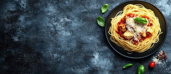 Wall Mural - Italian spaghetti pasta topped with sauce chicken parmesan cheese and basil Food background flat lay. with copy space image. Place for adding text or design