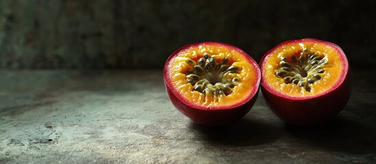 Fototapete - Maracuja Passionfruit Halved Still Life Perspective. with copy space image. Place for adding text or design