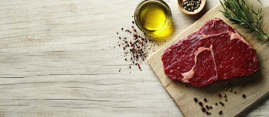 Fototapete - Raw beef steak on a light wood surface accompanied by olive oil and spices. with copy space image. Place for adding text or design