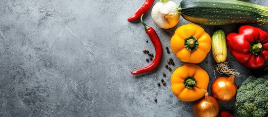 Fototapete - Fresh organic vegetables on a table Top view image of onion pepper acorn squash and zucchini Grey textured background with copyspace Healthy eating concept