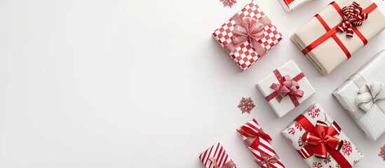 Aufkleber - A collection of festive gifts in decorative wrapping on a white background with copy space representing holiday celebrations such as Christmas Valentine s Day and birthdays in a flat view