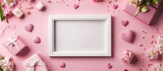 Leinwandbilder - An empty white photo frame surrounded by flowers hearts gifts and confetti on a pink background Concept for holidays birthdays or Valentine s Day Flat lay top view copyspace