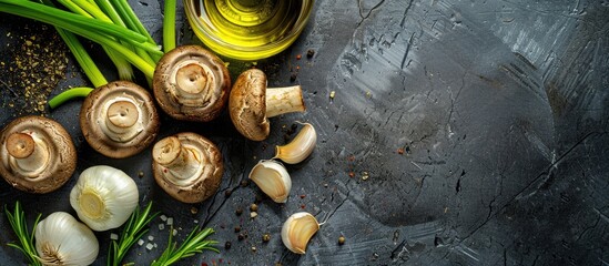 Fototapete - Overhead view of organic mushrooms scallions spring onions and garlic butter with extra virgin olive oil. with copy space image. Place for adding text or design