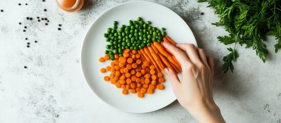 Aufkleber - A woman takes some carrots and beans that are on a plate. with copy space image. Place for adding text or design