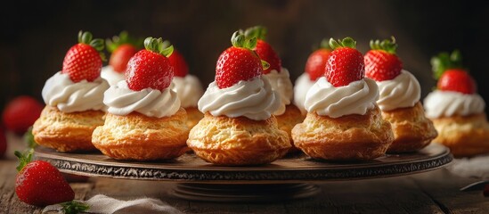 Aufkleber - Profiteroles or cream puffs are cakes filled with whipped cream and strawberries arranged on a platter. with copy space image. Place for adding text or design
