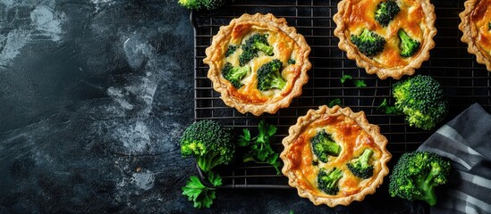Aufkleber - Crispy tarts with broccoli on a cooling rack. with copy space image. Place for adding text or design
