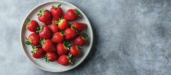 Leinwandbilder - Fresh tasty strawberries arranged on a chic plate against a concrete backdrop Above view with copyspace available